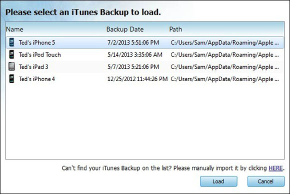 load iTunes backup from backup list