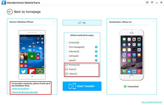 select files to transfer from Windows phone to iPhone