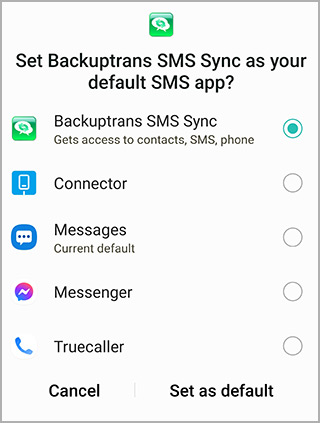 setting "SMS Sync" as default sms app on android