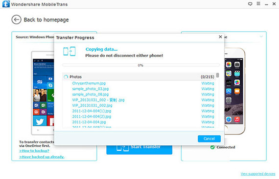 start transferring Windows phone data to iPhone