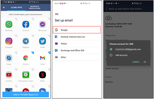 run gmail or google using app clone