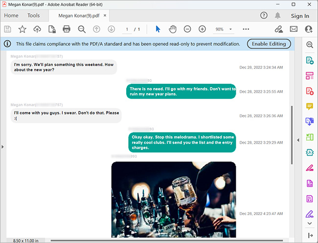 android text messages in a pdf document