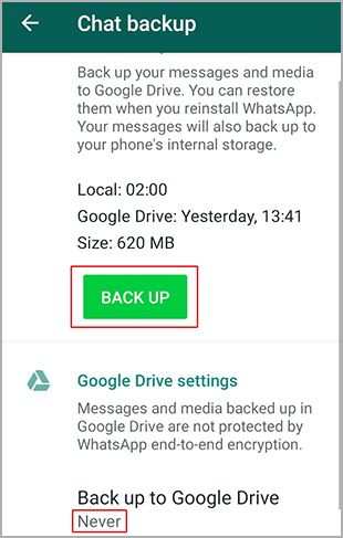 backup WhatsApp conversations on android's local storage