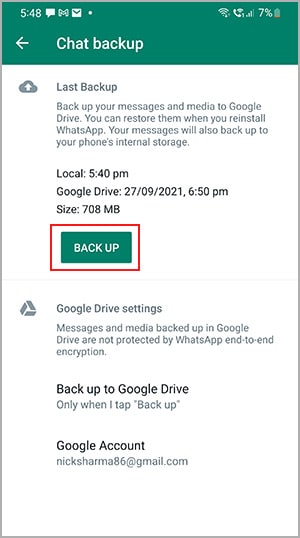 backing up whatsapp chats to google drive