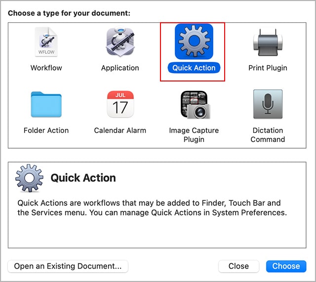 choose quick action as document type