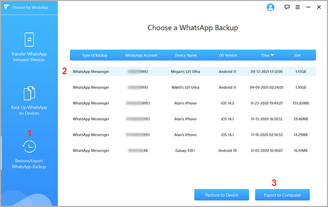 choose whatsapp backup to export whatsapp messages