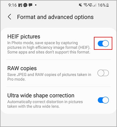 disable heic mode on android