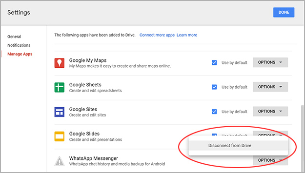 disconnect WhatsApp messenger app from G Drive