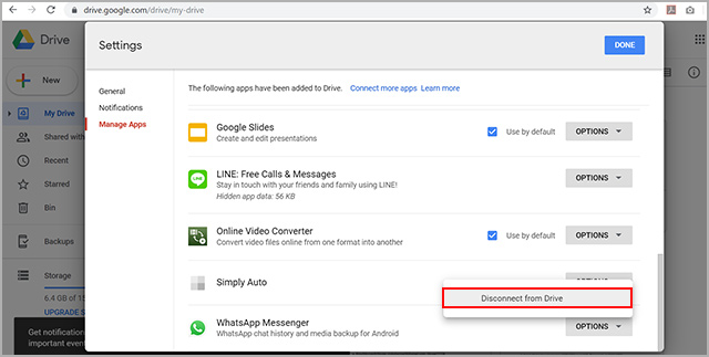 disconnect WhatsApp from G Drive