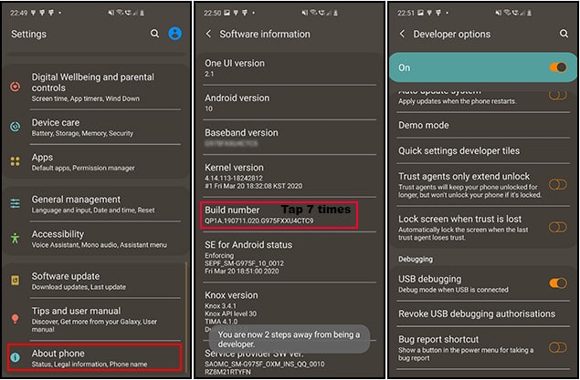 turning on the usb debugging mode on android