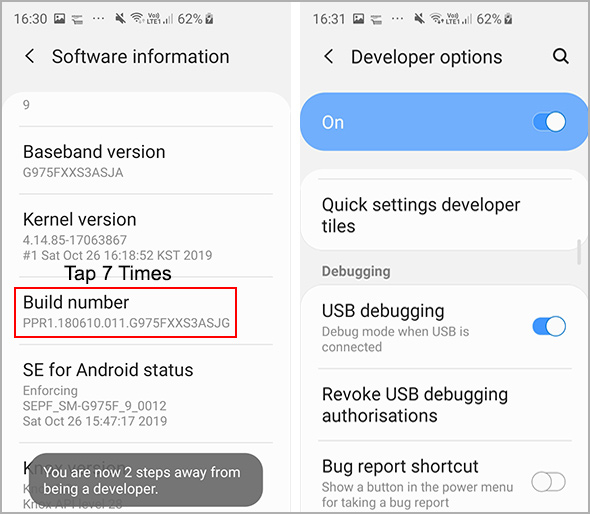 usb debugging mode under developer options