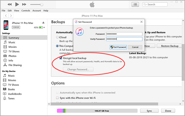 encrypt iPhone 11 backup with iTunes