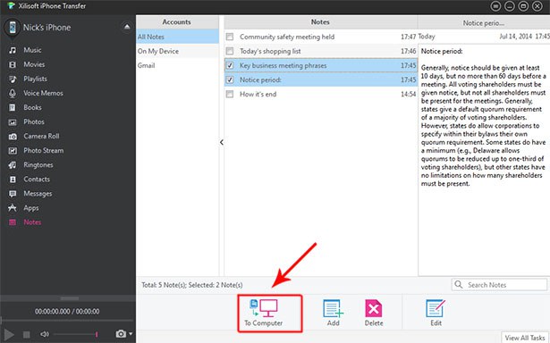 select iPhone notes and transfer them to computer