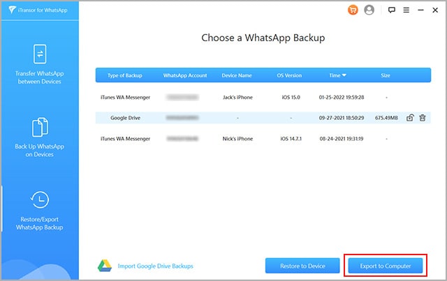 exporting whatsapp backup to computer
