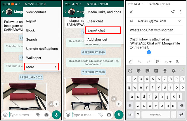 exporting WhatsApp chats via email method