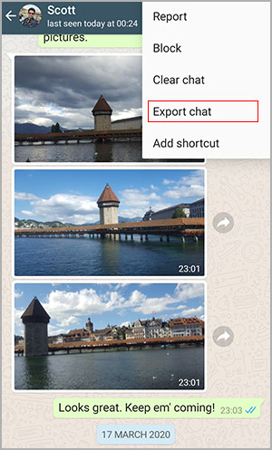 tap export button to export whatsapp business chats