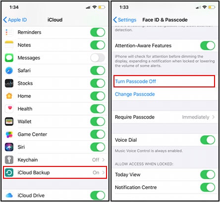 turning off iCloud and passcode on iphone
