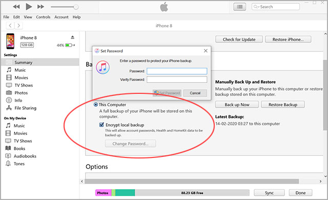 protect iTunes backup with password
