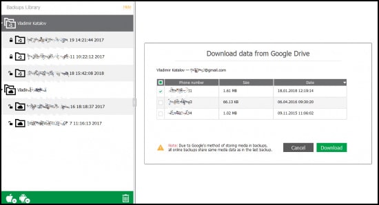 reading whatsapp messages from google drive twith elcomsoft