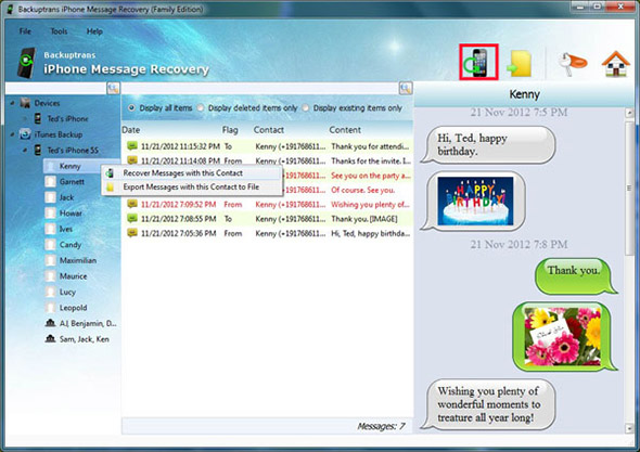 recover sms's or imessages of particular contact from iTunes