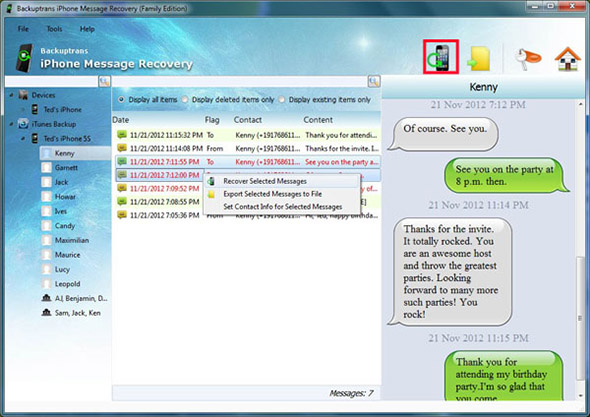 recover selected iPhone sms, imessages and mms from iTunes