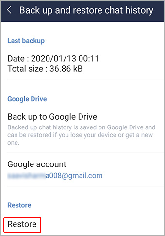 restore Line chats from google drive on android