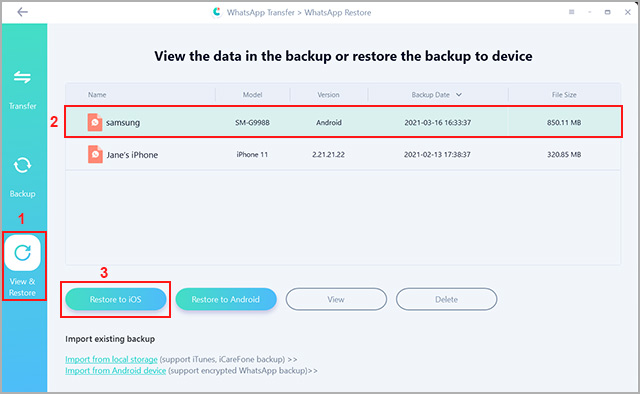 select whatsapp backup and restore it to the iphone