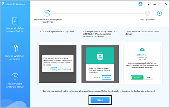 restoring whatsapp data from the backup