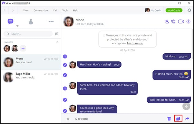 select Viber messages to save them onto computer