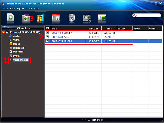 select iPhone voice memos to transfer 