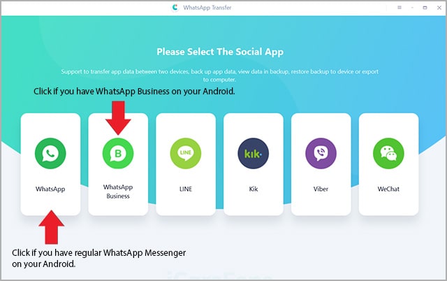 select whatsapp or whatsapp business transfer mode 