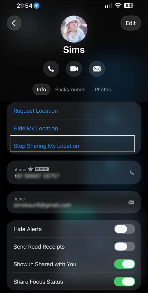 tap stop sharing my location in imessage app