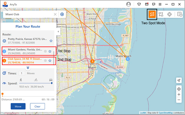 simulating fake gps location on iphone on two spots 