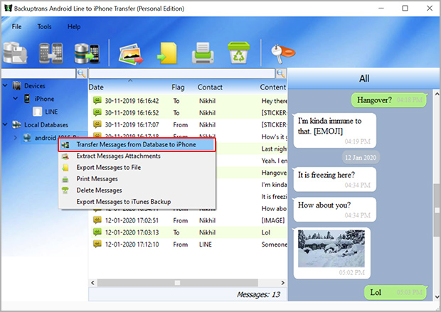 transfer Line chats from local database to iPhone