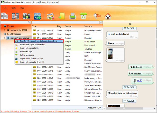 transfer whatsapp messages from database to samsung galaxy s21