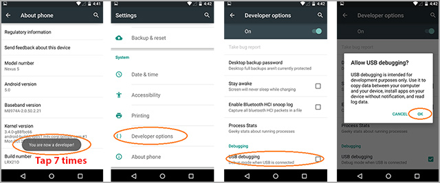 turning on usb debugging mode on android