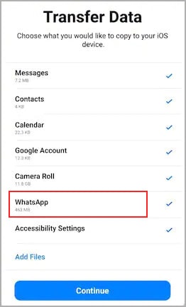 select whatsapp option in move to ios